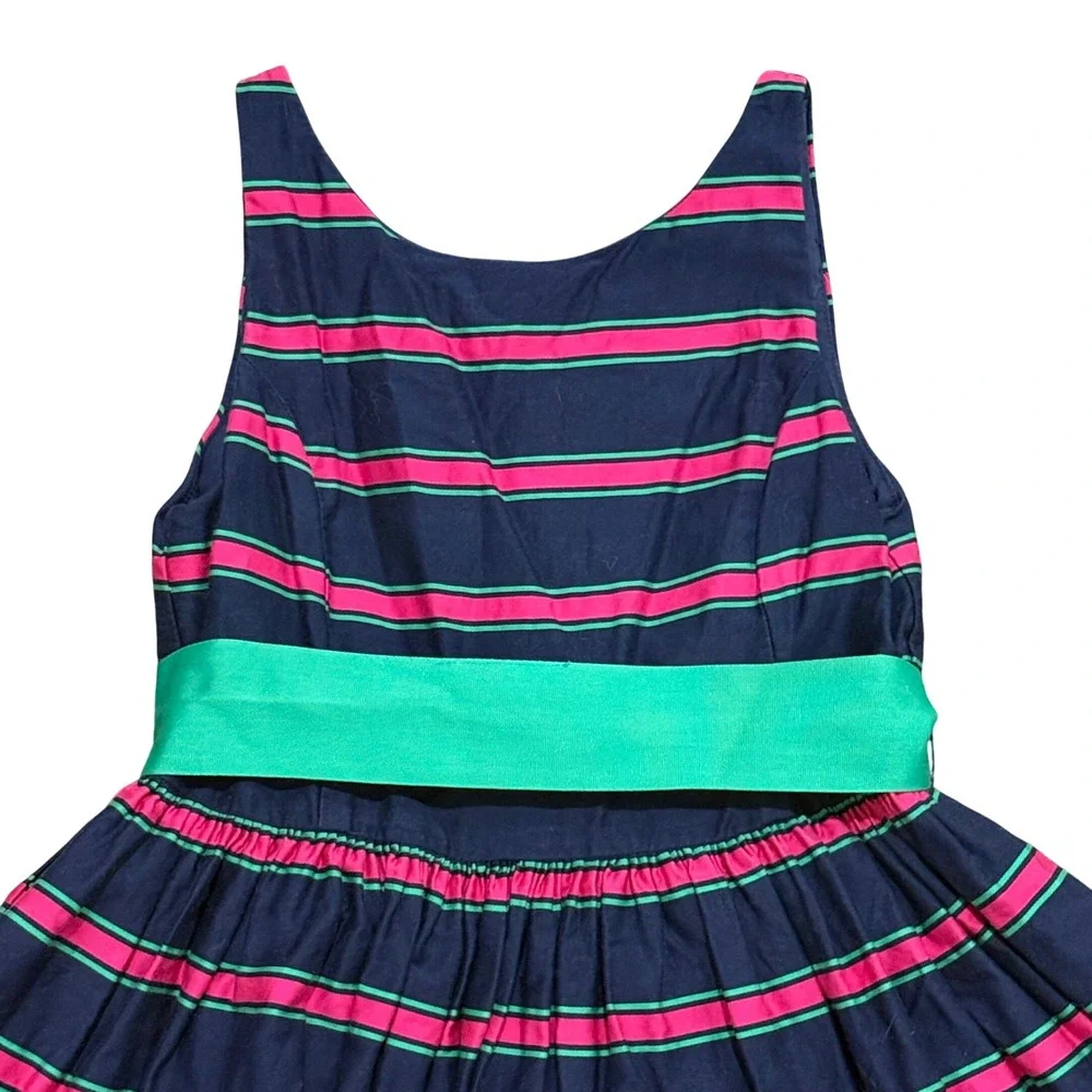 Ralph Lauren Girls Sz 8‎ Navy Pink Green Striped Bow Back Party Dress Sleeveless